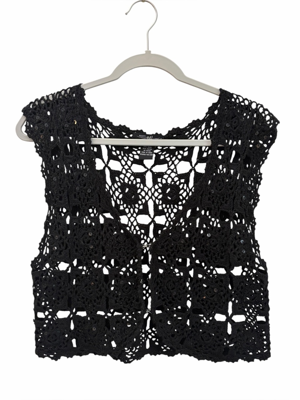 SML Design Boho Whimsigoth Sequin Black Cropped Crochet Vest Top Size Large